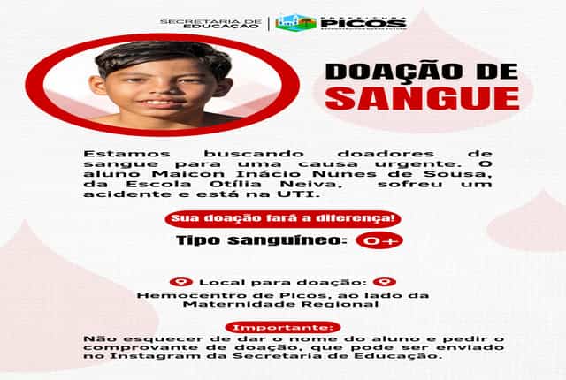 Educação de Picos mobiliza população para doação de sangue a aluno na UTI